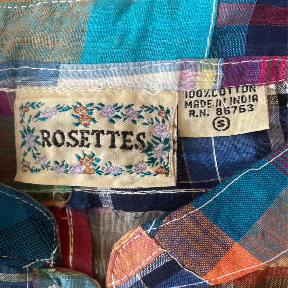 Vintage 80s Rosettes Madras Patchwork Blouse Tie Back Cotton Cottagecore Top S - Picture 8 of 12